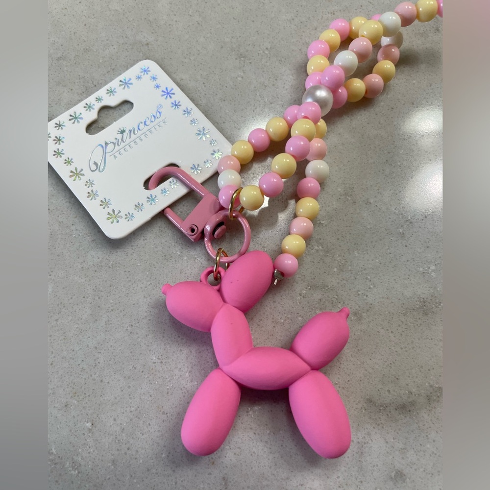 Balloon Pink Dog Charm/Zipper Pull with Yellow, Pink and White Beaded Bow NEW